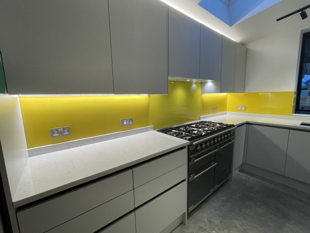 Battersea glass and glazing - an image of a bespoke glass splashback produced and installed by Hamilton Glass Products Ltd