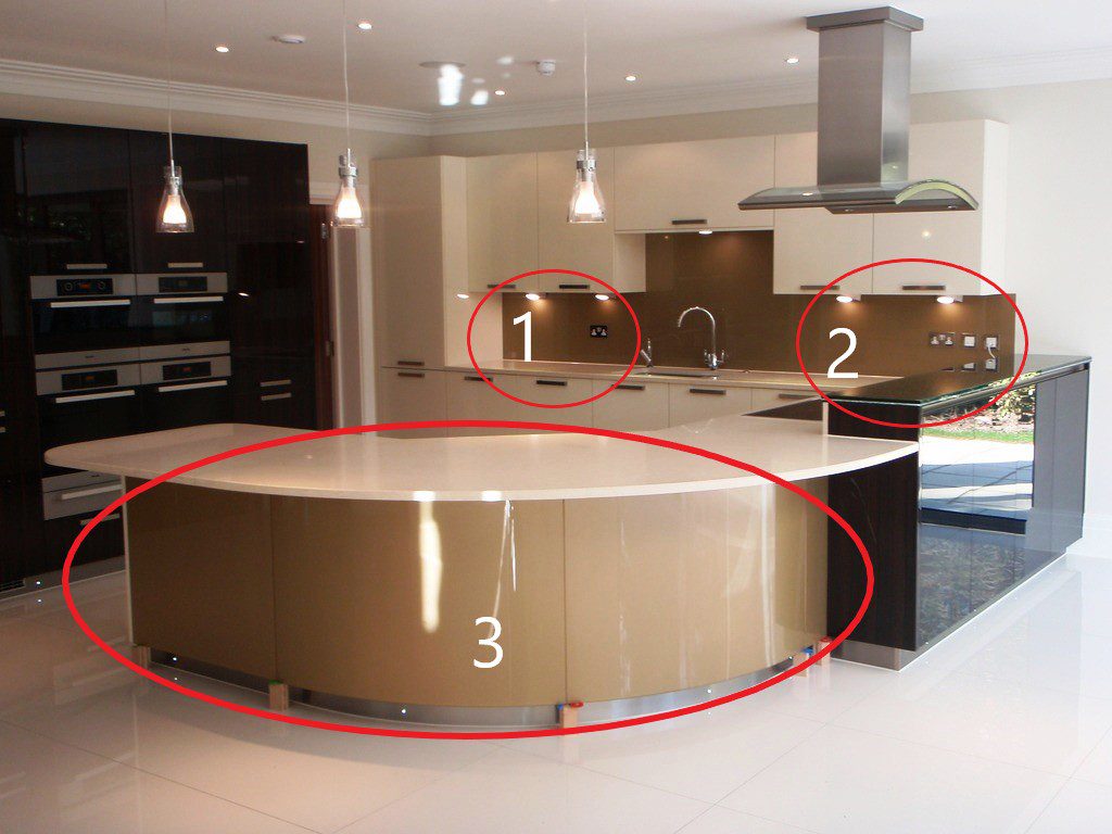 An image showing the affect of different light sources to the colour of glass splashbacks produced and installed by Hamilton Glass Products Ltd