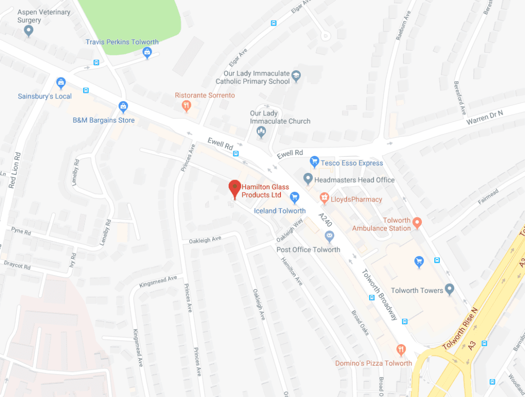 Contact Hamilton Glass - we are located in Surbiton Surrey, just off of the broadway as shown in the map image
